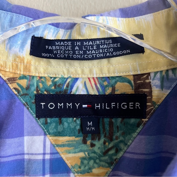 Vintage Tommy Hilfiger Short Sleeve Plaid Button Down w/ Tropical Inside Trim M - Picture 2 of 9
